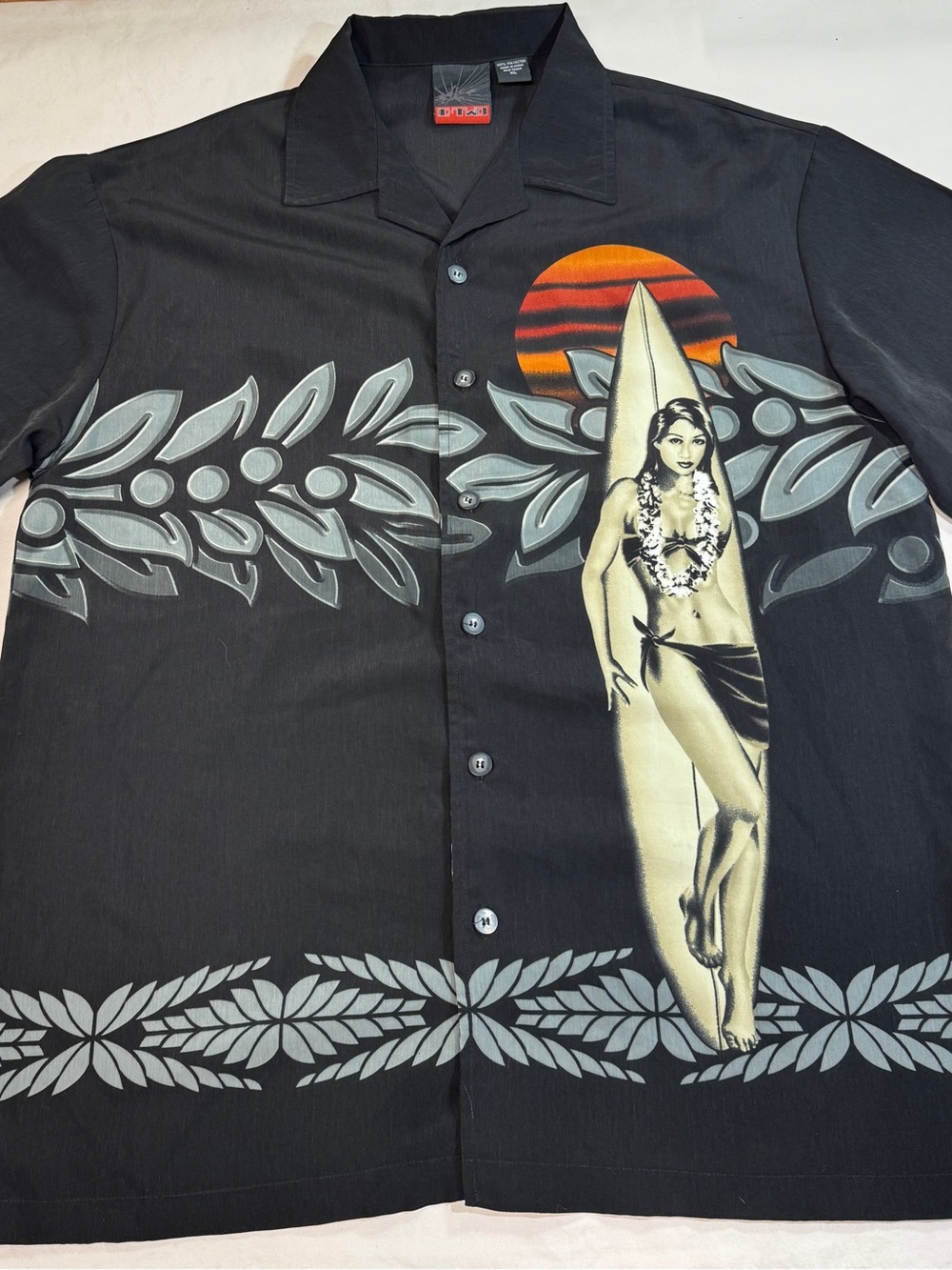 C-Two Hawaiian Shirt XL Black Surfer Girl Sunset Aloha Button Up Beach Party Y2K